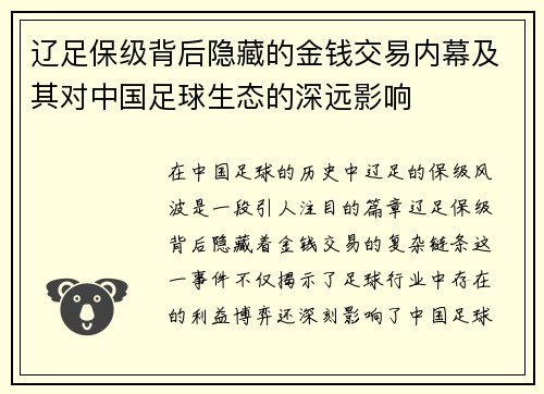 辽足保级背后隐藏的金钱交易内幕及其对中国足球生态的深远影响